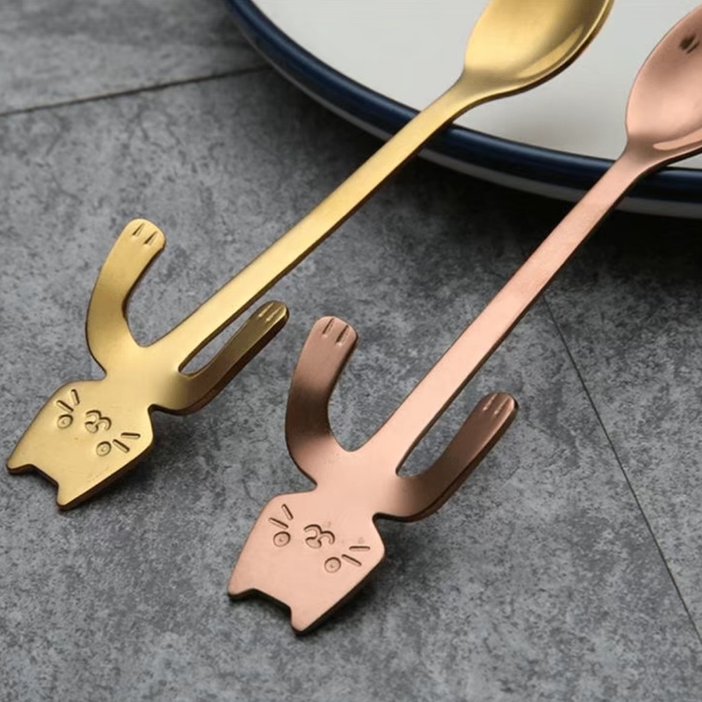🆕 SET of 3 cat teaspoons - docks on mug - GOLD, BLACK, ROSE GOLD